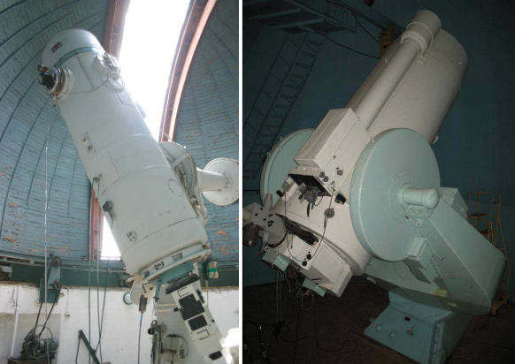 Рис. 11. Телескопы для фотометрических наблюдений астероидов: 70-см АЗТ-8 с ПЗС-камерой ML47-10 в Чугуеве (cлева) и 1,5-м АЗТ-11 с ПЗС-камерой PL4301E в Абастумани (справа).